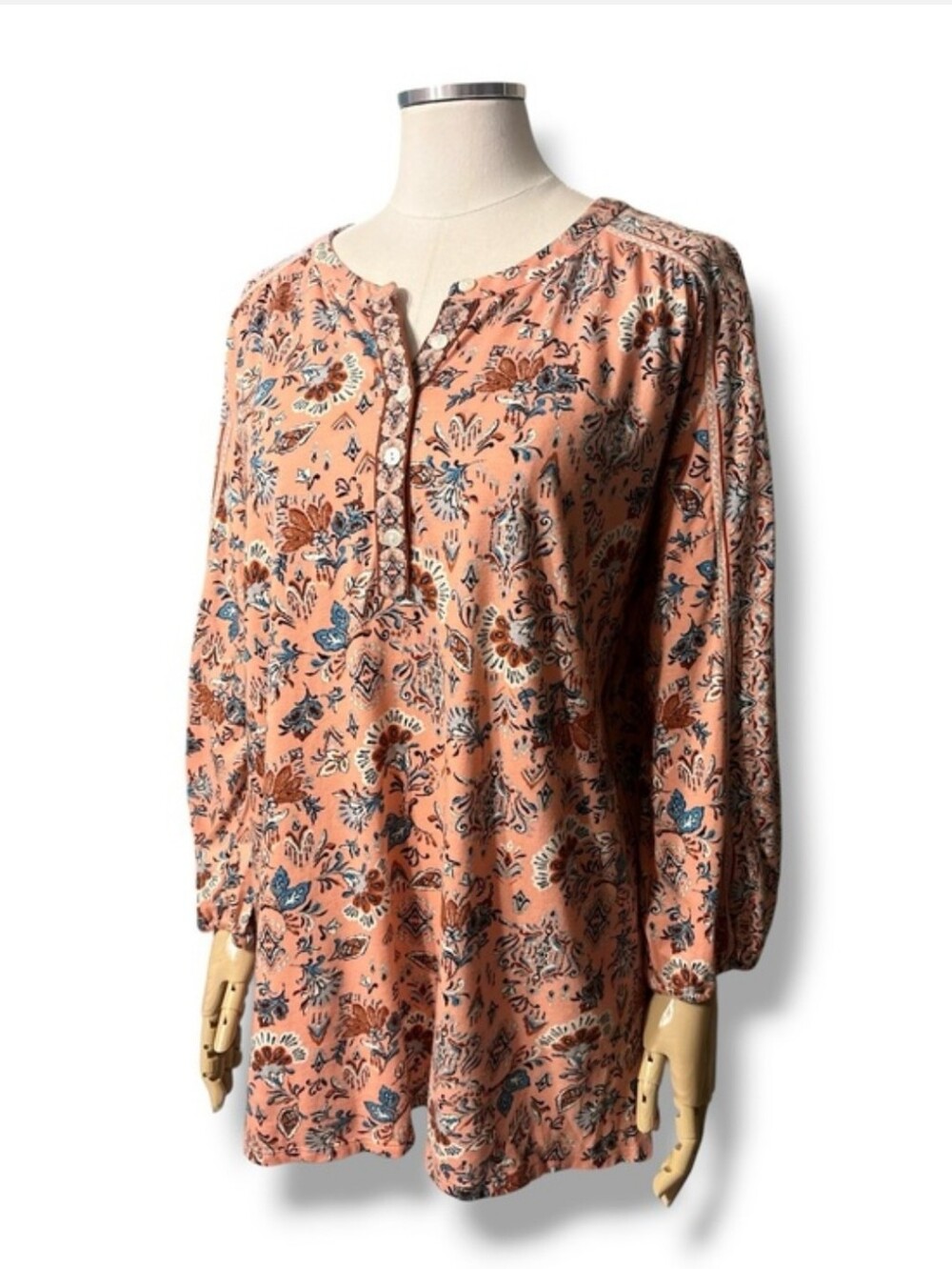 J. JILL PURE JILL Printed Henley Tunic Coral Floral Print Size Medium